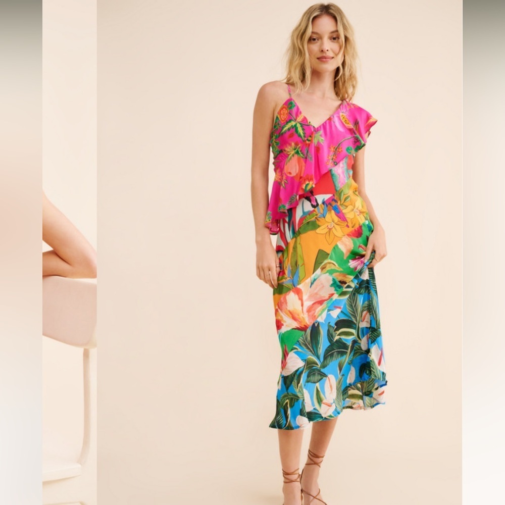 Farm Rio Mixed Flowery Ruffle One Shoulder Dress, size small
